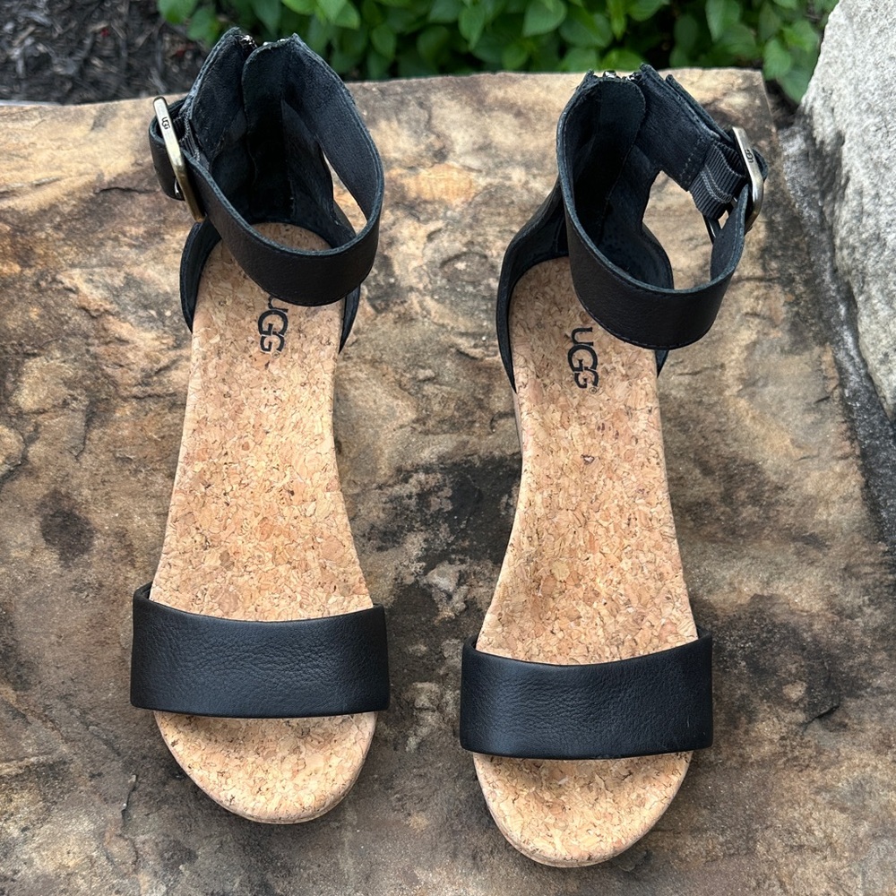 UGG Black Cork Wedge Sandals women’s size 6.5 - Picture 3 of 5